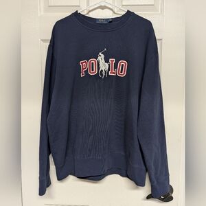 Polo Ralph Lauren Mens XL Navy Pullover Crew Neck Sweatshirt Spellout Pony Horse